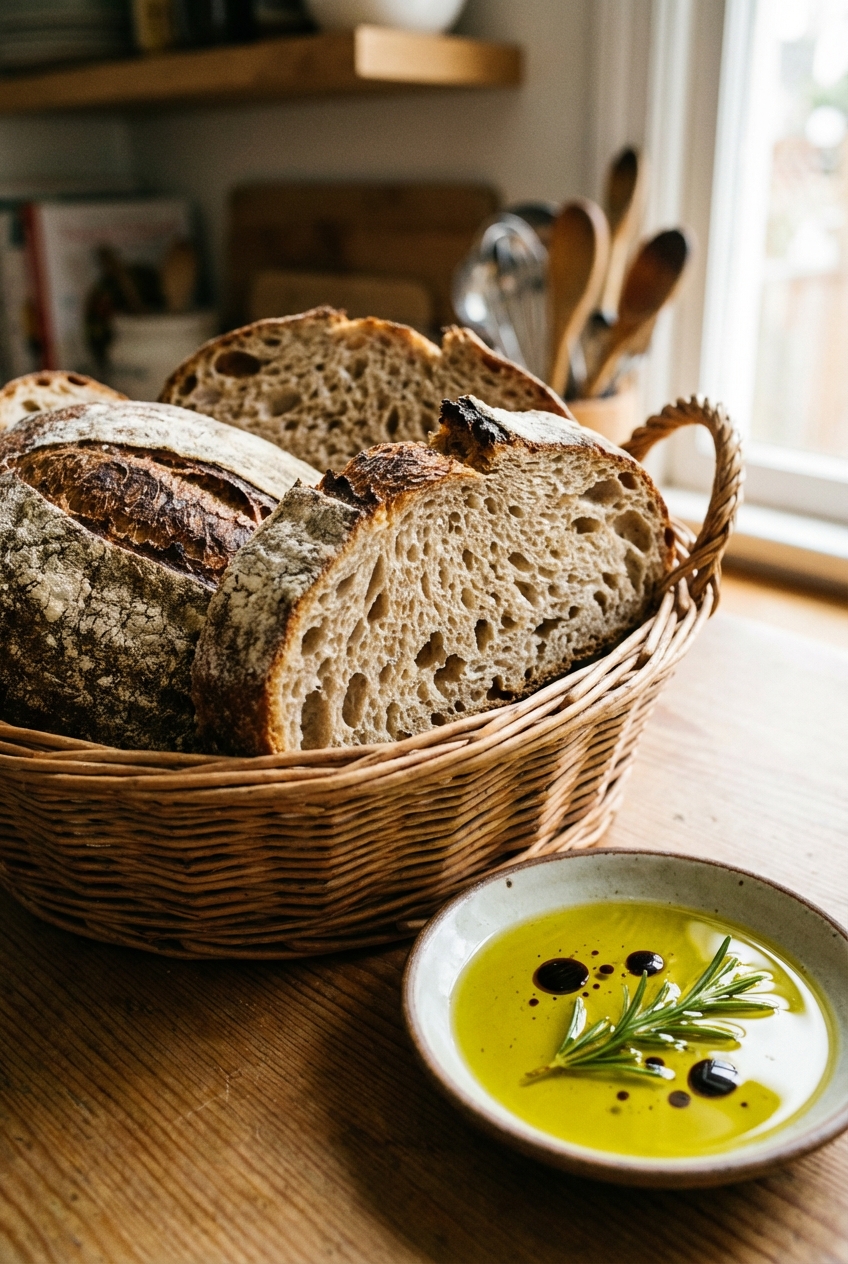 Crusty bread slices in a basket next to a small dish of olive oil