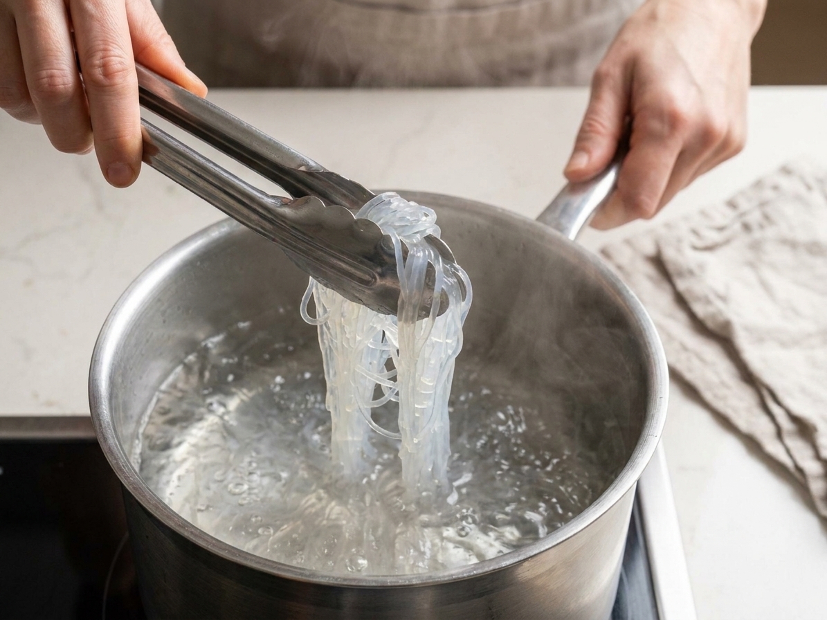 Crystal noodles being blanched briefly in boiling water, with tongs lifting a small bundle of translucent strands from the pot
