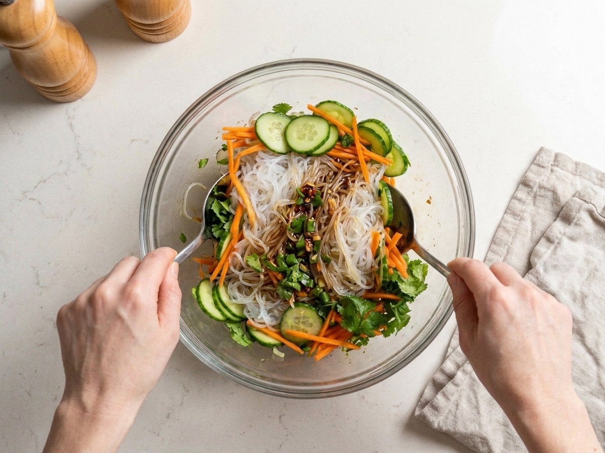Crystal noodles being tossed with sliced cucumber, shredded carrot, herbs, and dressing in a large mixing bowl on a kitchen counter