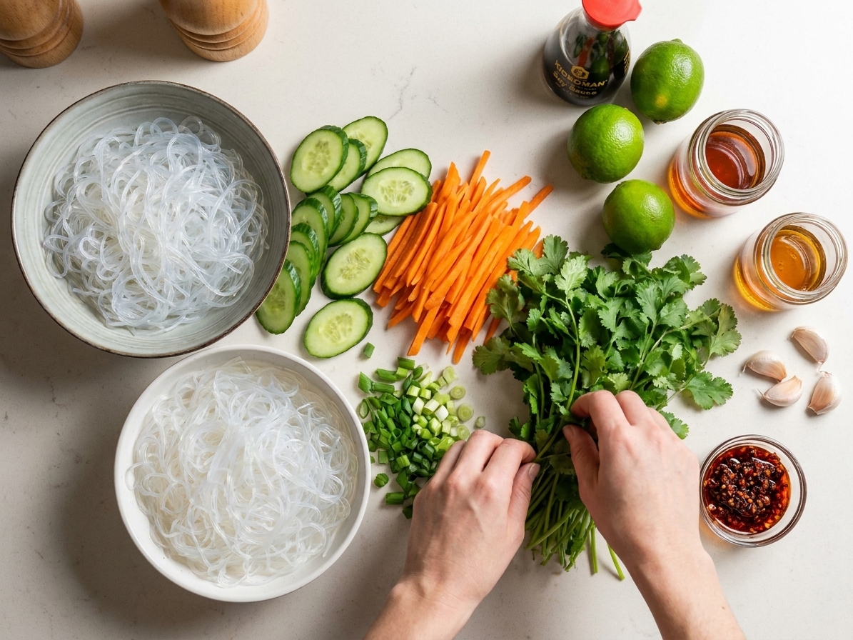 Crystal noodles, cucumbers, carrots, green onions, cilantro, limes, soy sauce, sesame oil, garlic, and chili crisp arranged together on a clean kitchen counter in natural light