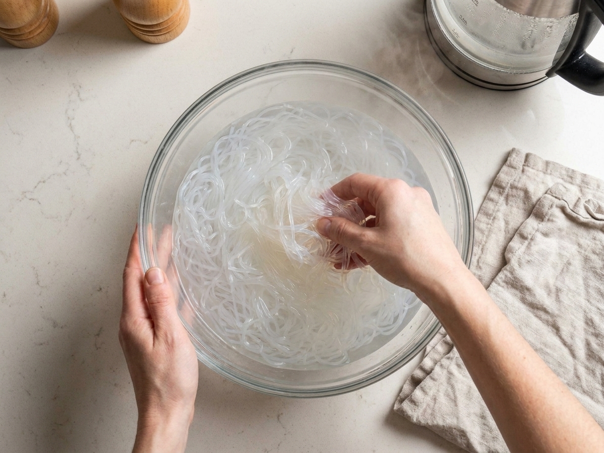 Crystal noodles soaking in a large heatproof bowl of very hot water, turning pliable as they soften on a light kitchen table