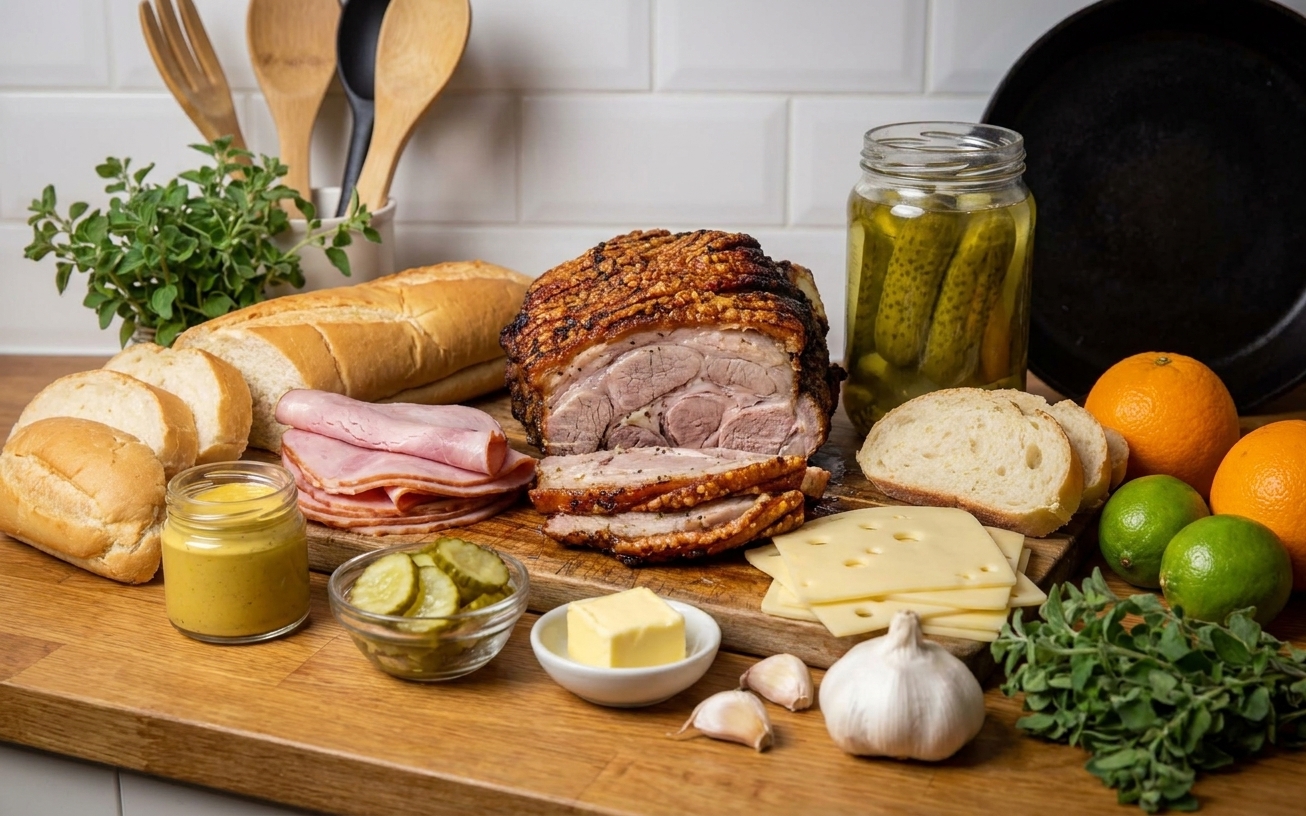 Cubano sandwich ingredients arranged on a kitchen counter: Cuban bread or hoagie rolls, roasted pork, sliced ham, Swiss cheese, dill pickles, mustard, butter, garlic, citrus, and oregano