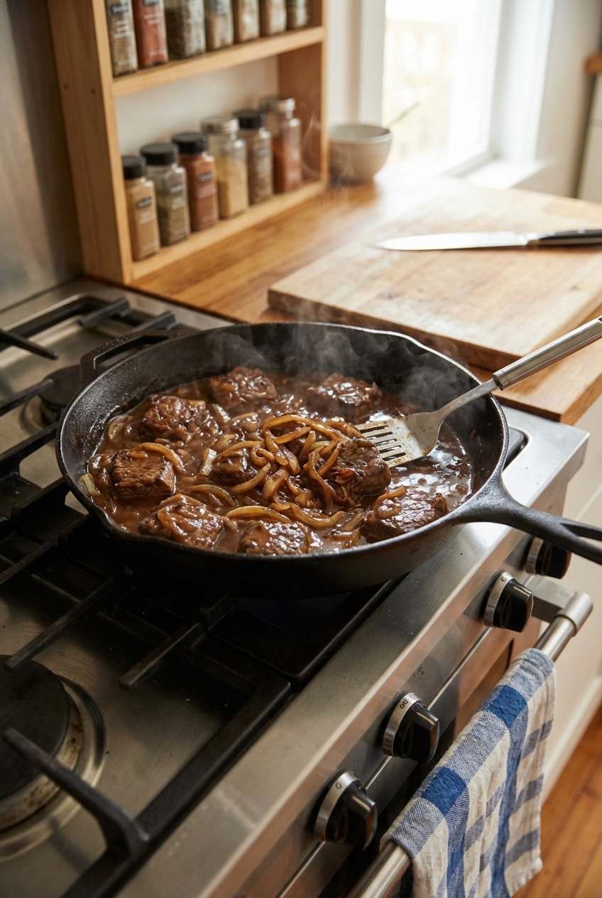 Cube steaks simmering in onion gravy in a cast iron skillet on a stovetop
