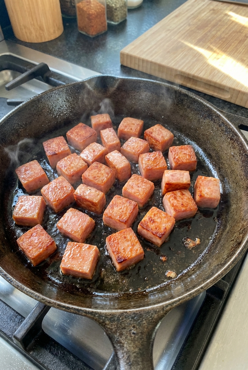 Cubed Spam browning in a hot cast iron skillet with golden edges