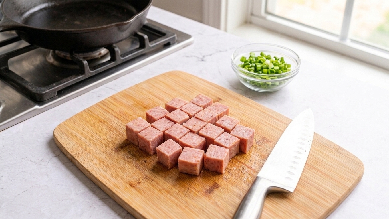 Cubed Spam on a wooden cutting board with a chef's knife and sliced scallions nearby on a kitchen counter