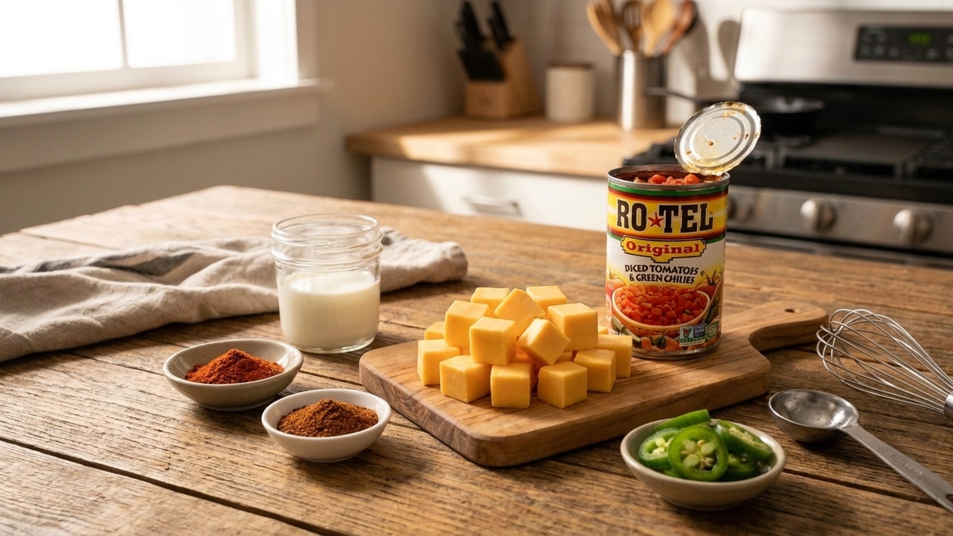 Cubed Velveeta, a can of Rotel, spices, milk, and optional jalapenos arranged on a tidy kitchen counter with warm natural light