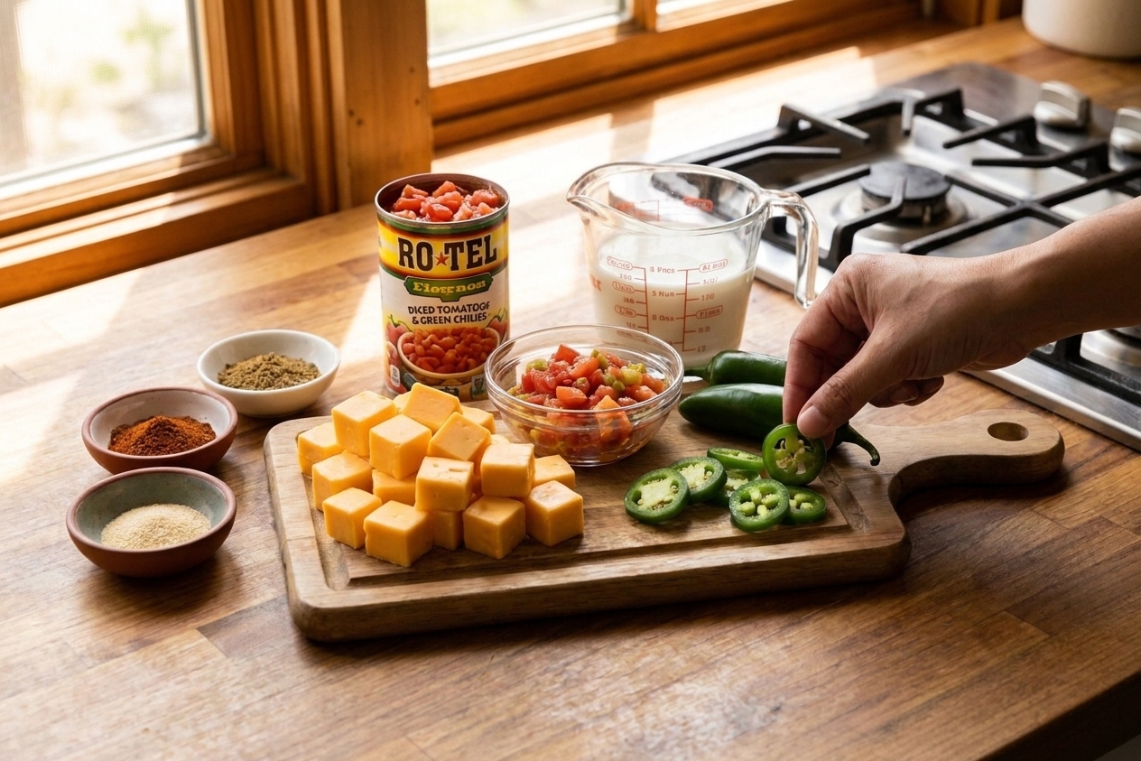 Cubed Velveeta, a can of Rotel tomatoes and green chiles, milk, spices, and optional jalapeños arranged on a tidy kitchen counter in warm natural light