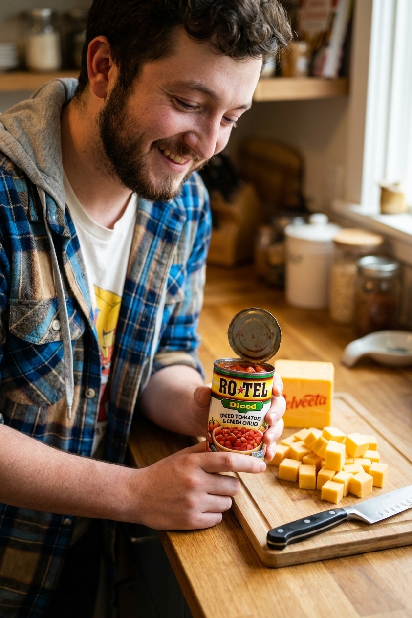 Cubed Velveeta cheese and an opened can of Ro-Tel tomatoes on a kitchen counter beside a cutting board, close-up ingredient photo