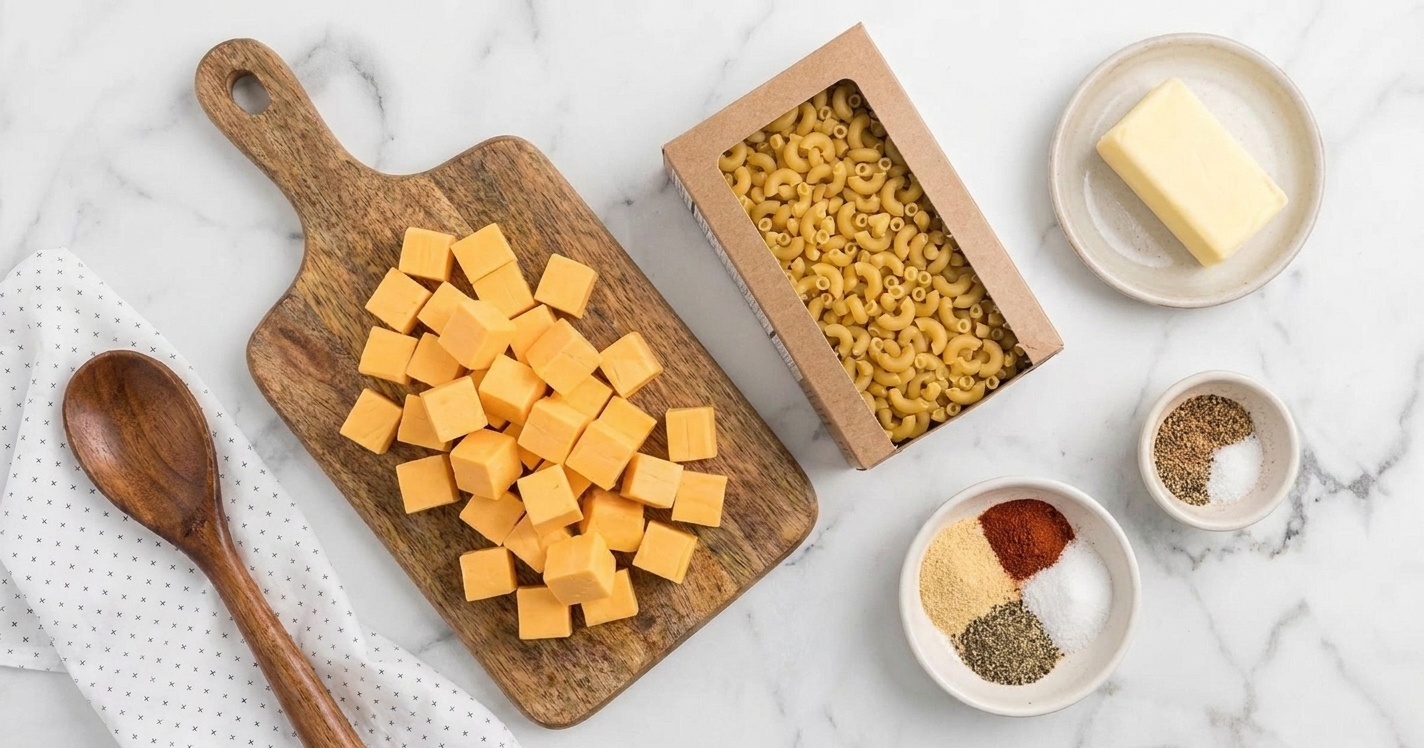 Cubed Velveeta cheese on a cutting board next to a box of elbow macaroni, butter, and a small bowl of spices on a bright kitchen counter