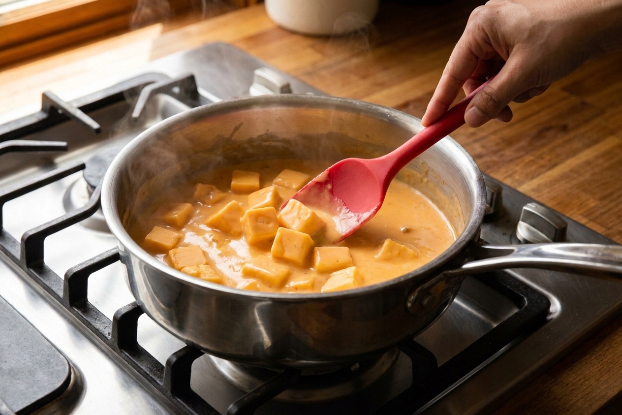 Cubed Velveeta melting in a stainless steel saucepan on the stove while a hand stirs with a silicone spatula, warm kitchen lighting
