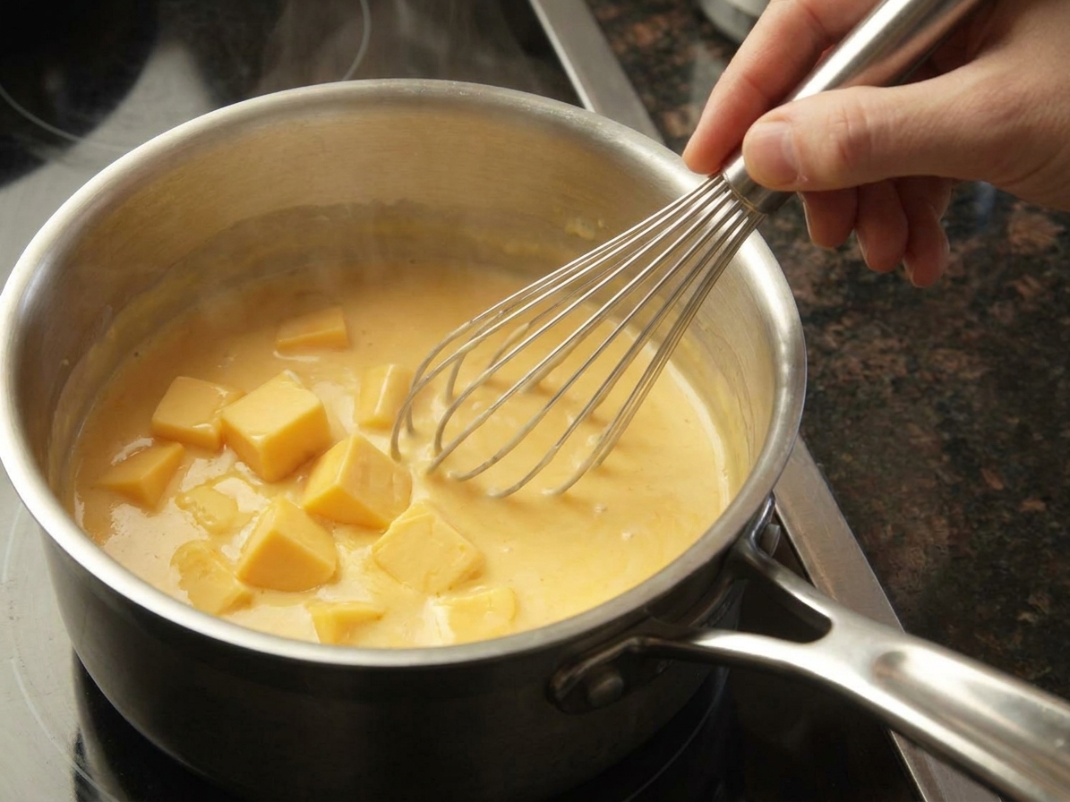 Cubed Velveeta melting into warm milk and butter in a saucepan while being whisked into a smooth cheese sauce