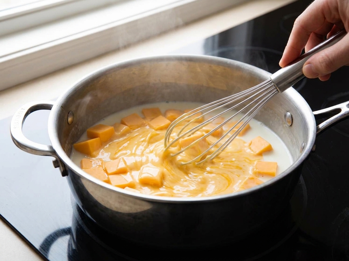 Cubed Velveeta melting into warm milk in a saucepan while being whisked on a stovetop