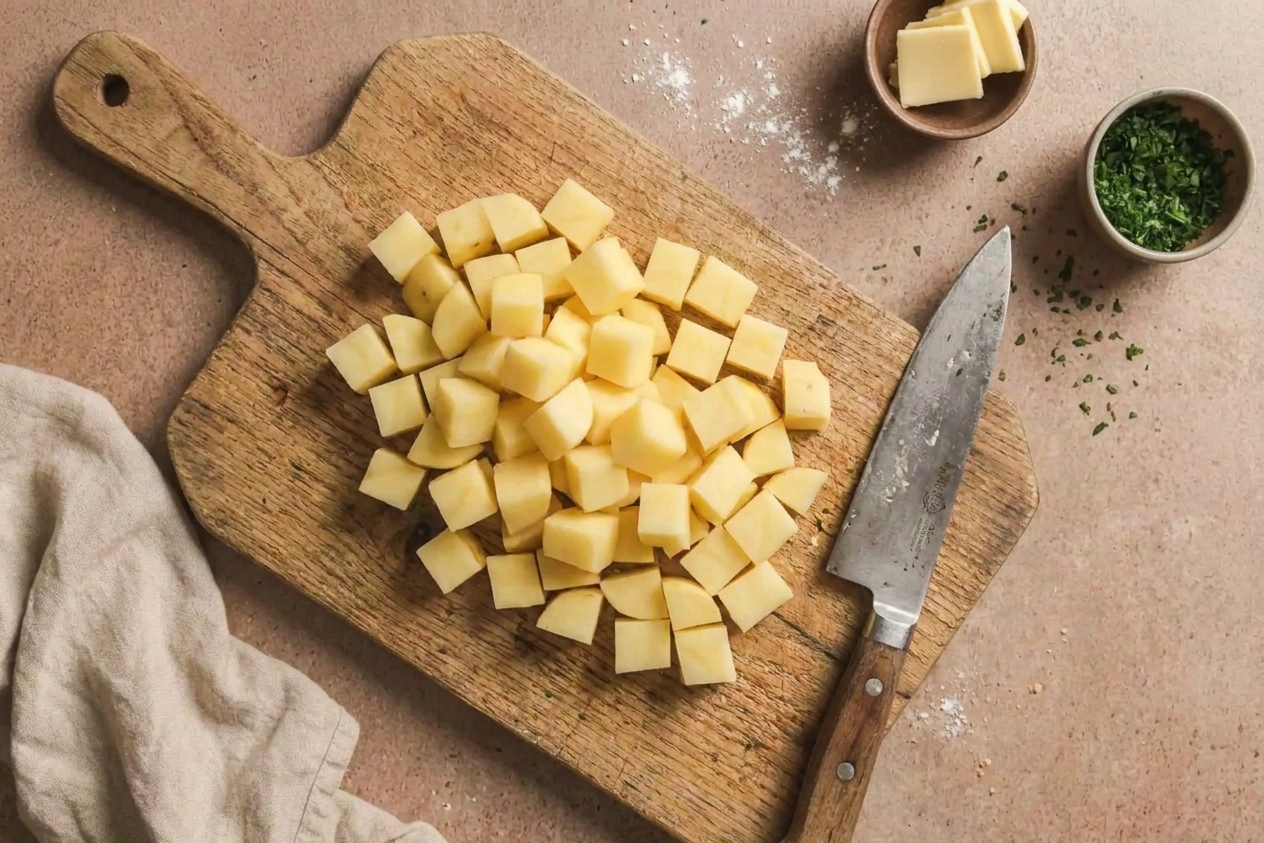 Cubed Yukon Gold potatoes on a wooden cutting board with a chef’s knife and a towel nearby