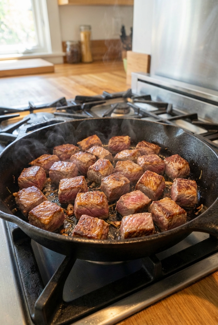 Cubed beef browning in a skillet with golden edges