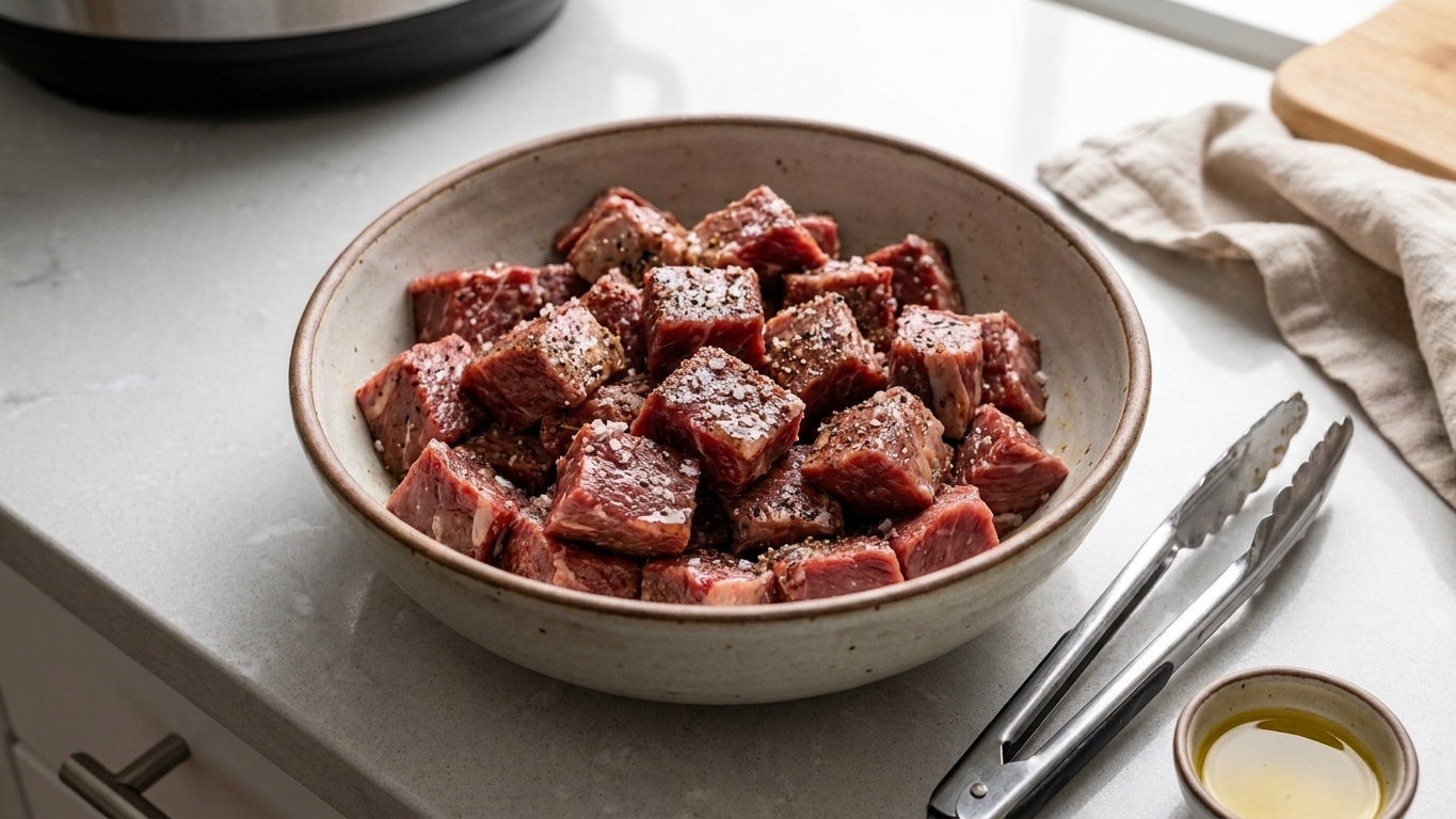 Cubed beef chuck seasoned with salt and pepper in a large bowl on a kitchen counter, ready to be seared