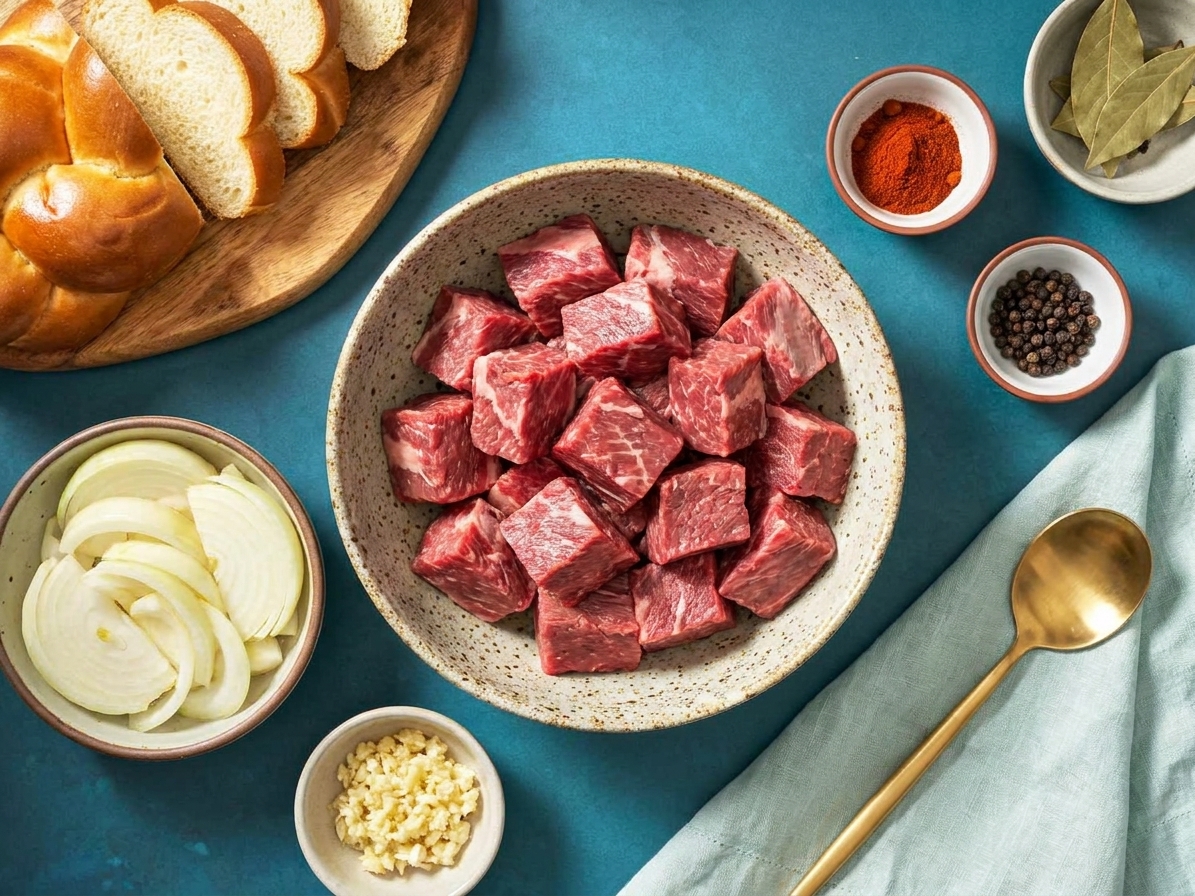 Cubed beef chuck with sliced onions, minced garlic, and small bowls of spices ready for cooking