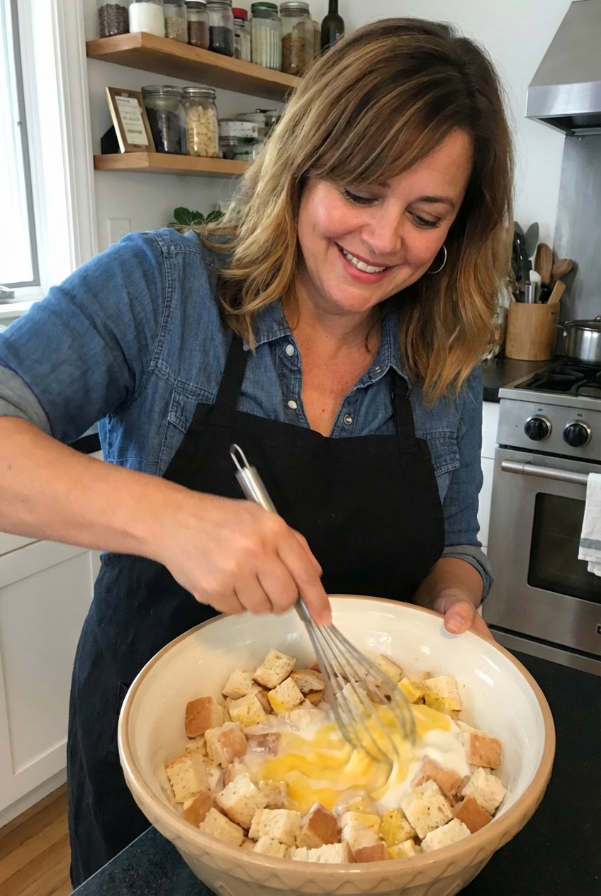 Cubed bread in a large mixing bowl with milk and eggs being whisked in