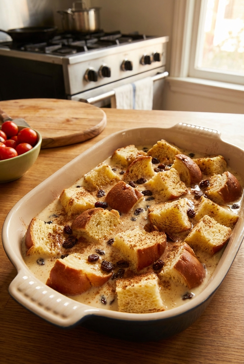 Cubed bread soaking in a cinnamon-vanilla custard mixture in a baking dish on a kitchen counter