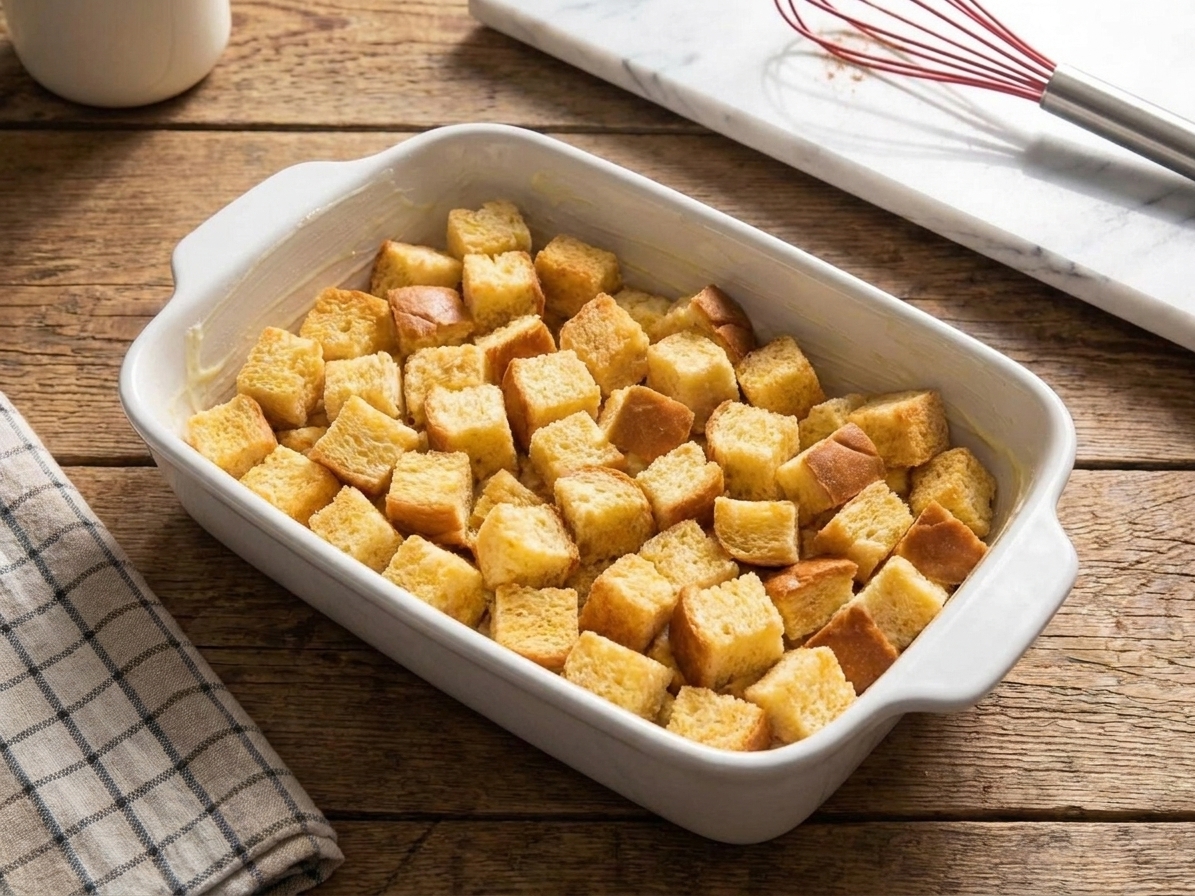 Cubed brioche bread arranged evenly in a buttered 9x13-inch baking dish on a kitchen counter