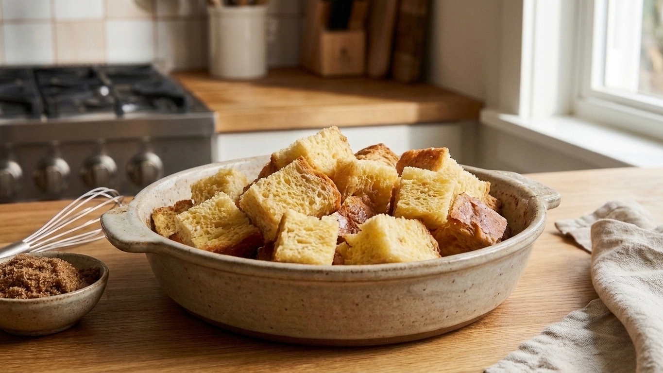 Cubed brioche bread piled in a large bowl on a kitchen counter, ready to be soaked in custard