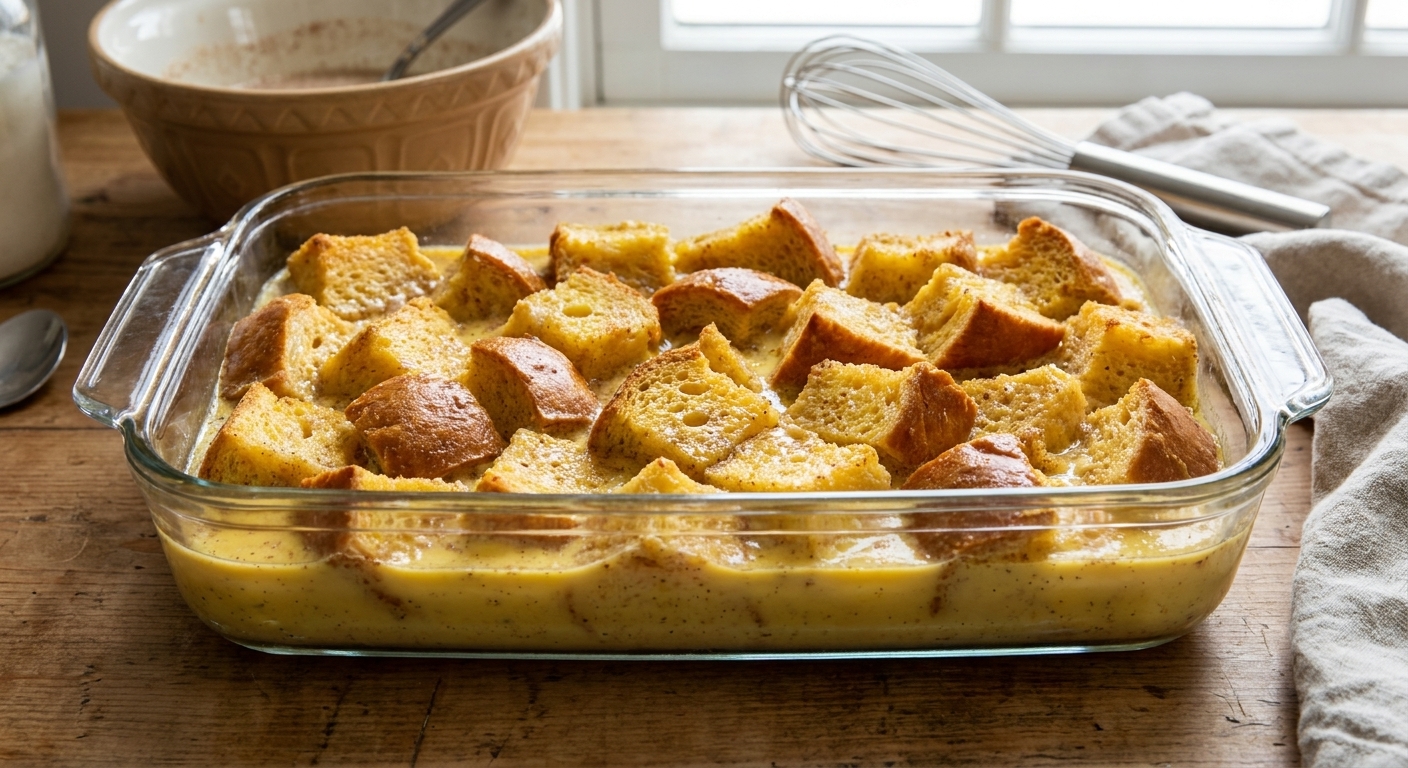 Cubed brioche bread soaking in a cinnamon-vanilla egg custard inside a glass baking dish on a kitchen counter, real food photography