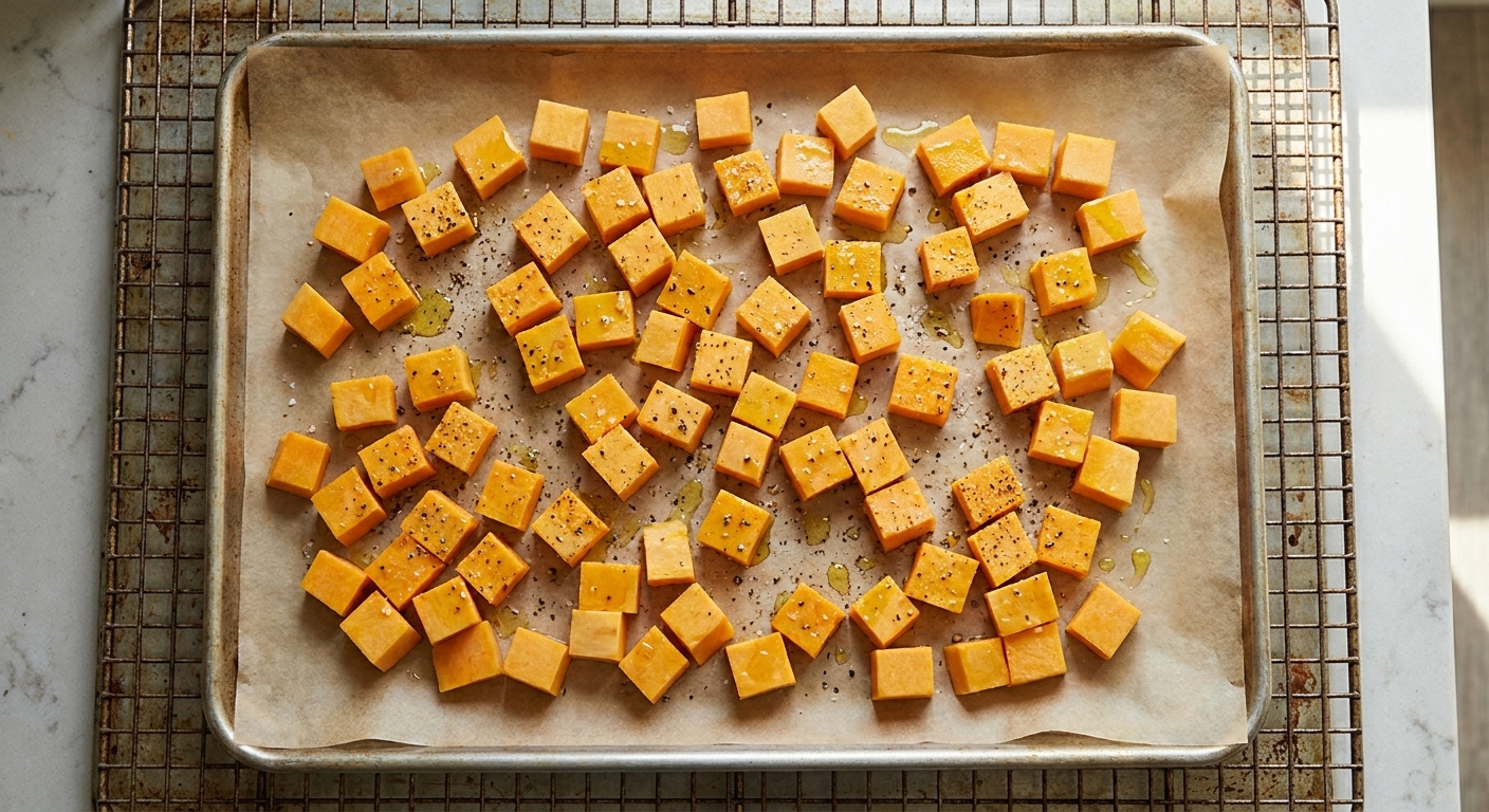 Cubed butternut squash tossed with olive oil, salt, and pepper spread out on a parchment-lined sheet pan before roasting on a kitchen counter