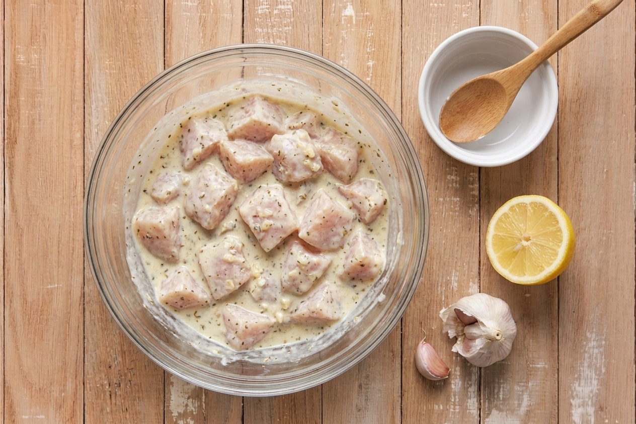 Cubed chicken coated in a creamy lemon-garlic marinade in a glass mixing bowl on a kitchen counter