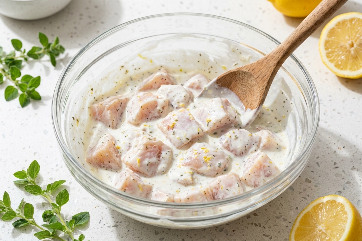 Cubed chicken coated in a creamy yogurt and lemon marinade in a clear glass mixing bowl with a spoon beside it on a kitchen counter