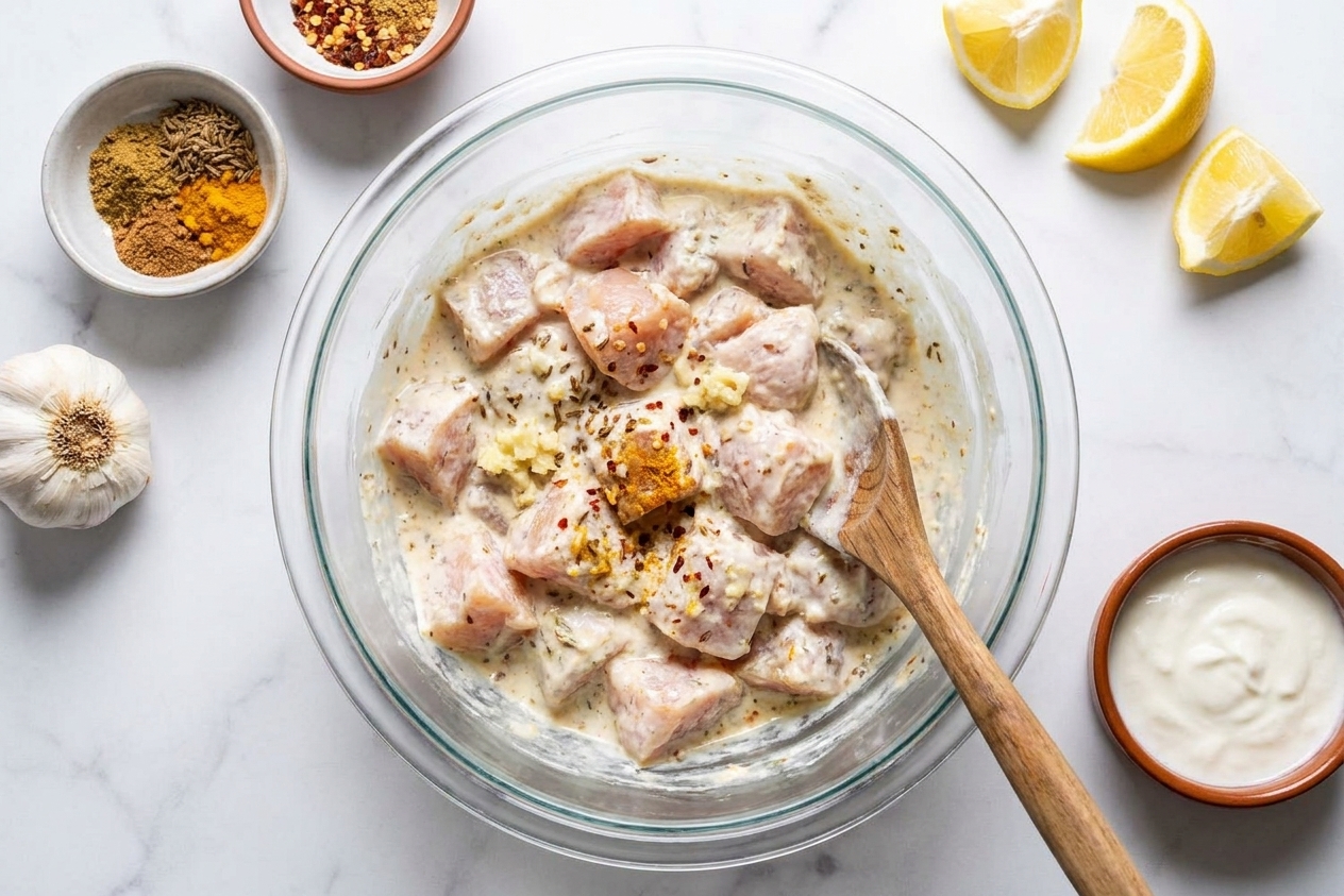 Cubed chicken coated in a creamy yogurt marinade with visible garlic and spices in a glass bowl on a kitchen counter