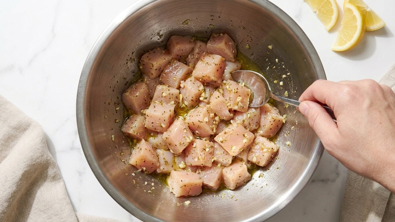 Cubed chicken coated in a lemon garlic oregano marinade inside a stainless steel mixing bowl on a kitchen counter