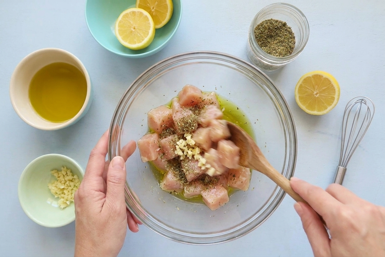 Cubed chicken in a glass bowl being tossed with olive oil, lemon juice, garlic, and dried oregano on a clean kitchen counter