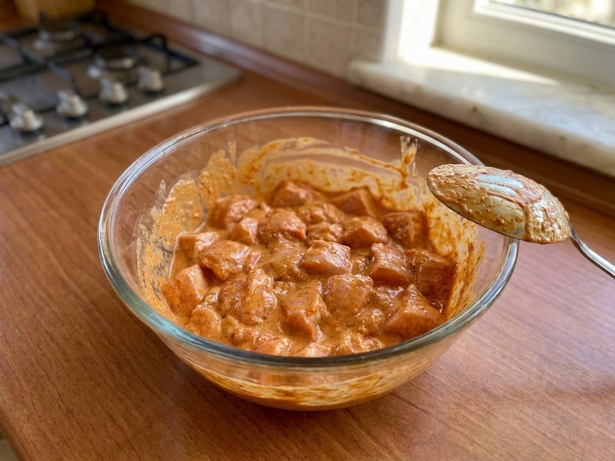 Cubed chicken in a glass bowl coated in a thick yogurt and spice marinade with a spoon resting on the rim