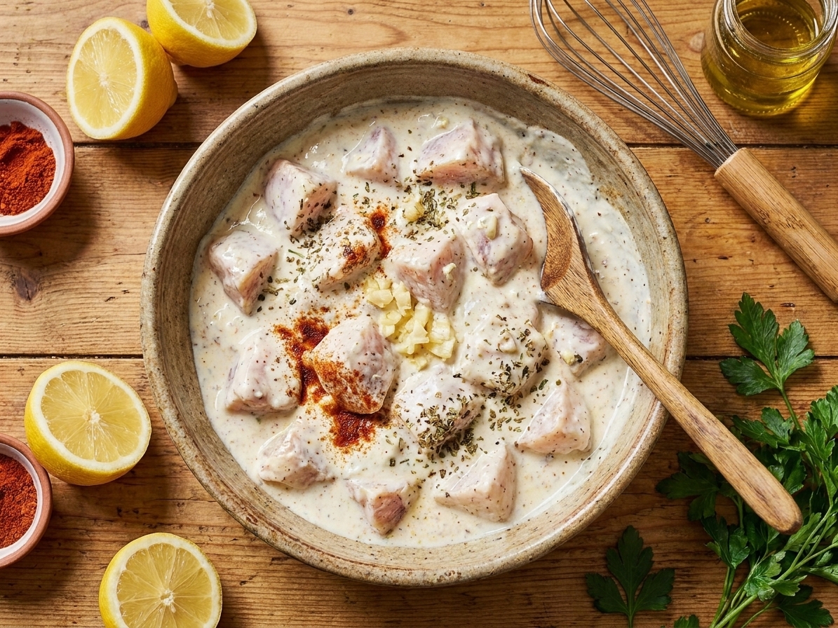 Cubed chicken thighs sitting in a bowl of lemony yogurt marinade with visible garlic and spices on a kitchen counter