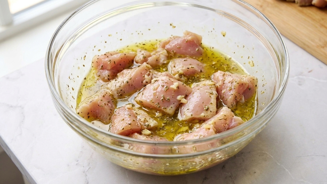 Cubed chicken thighs sitting in a glass bowl coated in lemony olive oil marinade with visible oregano and minced garlic