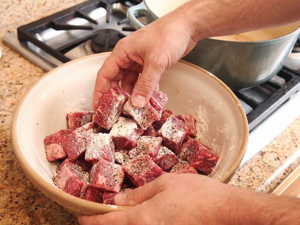 Cubed chuck roast in a bowl on a kitchen counter being tossed with salt, pepper, and a light dusting of flour