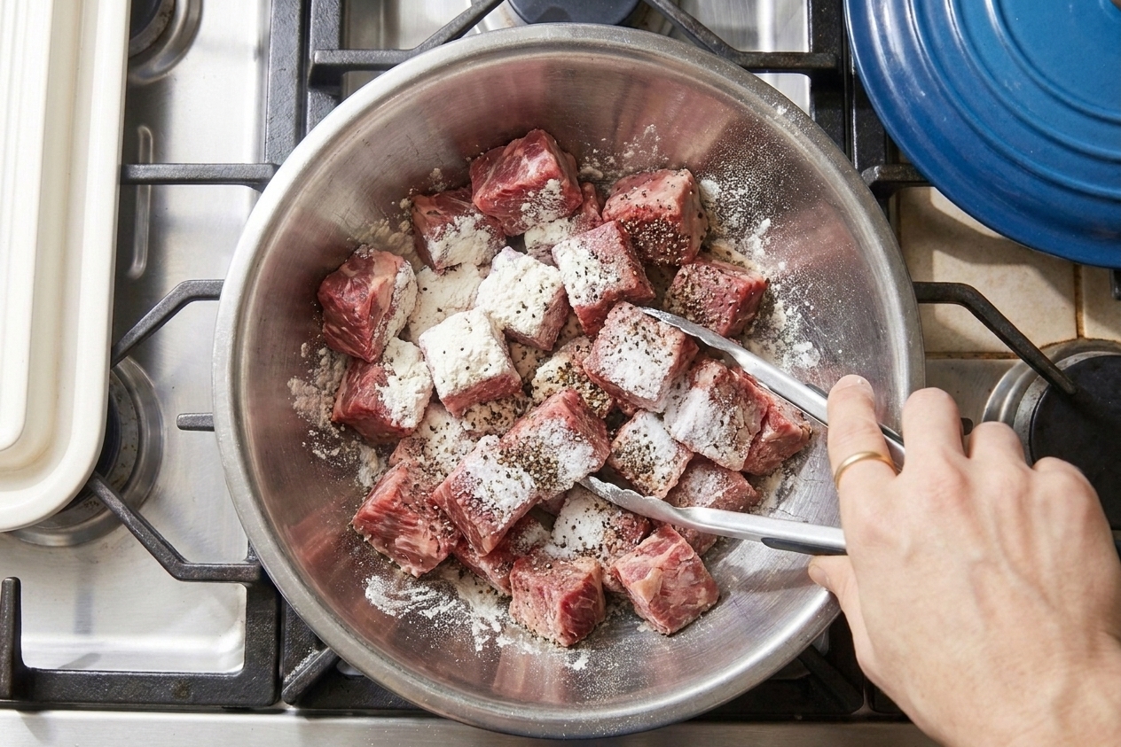 Cubed chuck roast in a mixing bowl tossed with flour, salt, and pepper on a kitchen counter