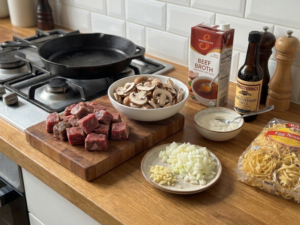 Cubed chuck roast, sliced mushrooms, onion, garlic, broth, Worcestershire sauce, sour cream, and egg noodles arranged on a kitchen counter