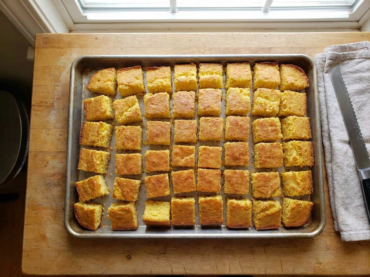 Cubed cornbread spread across a sheet pan on a kitchen counter ready to toast