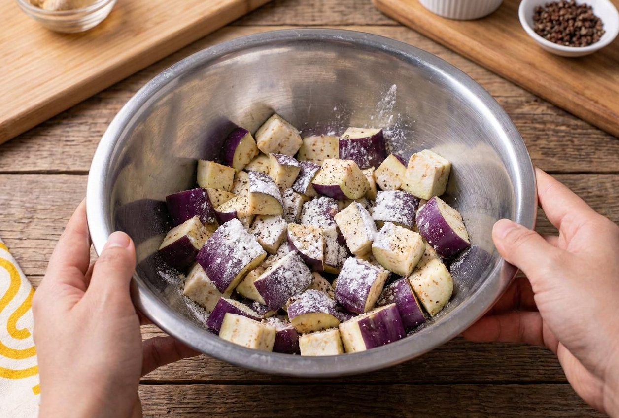 Cubed eggplant in a mixing bowl dusted with cornstarch and pepper, ready to be tossed