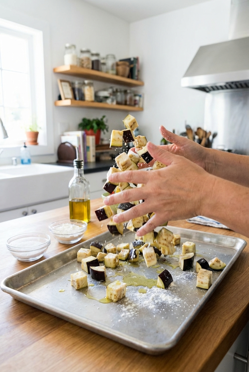 Cubed eggplant on a sheet pan being tossed with oil, salt, and cornstarch in a bright kitchen