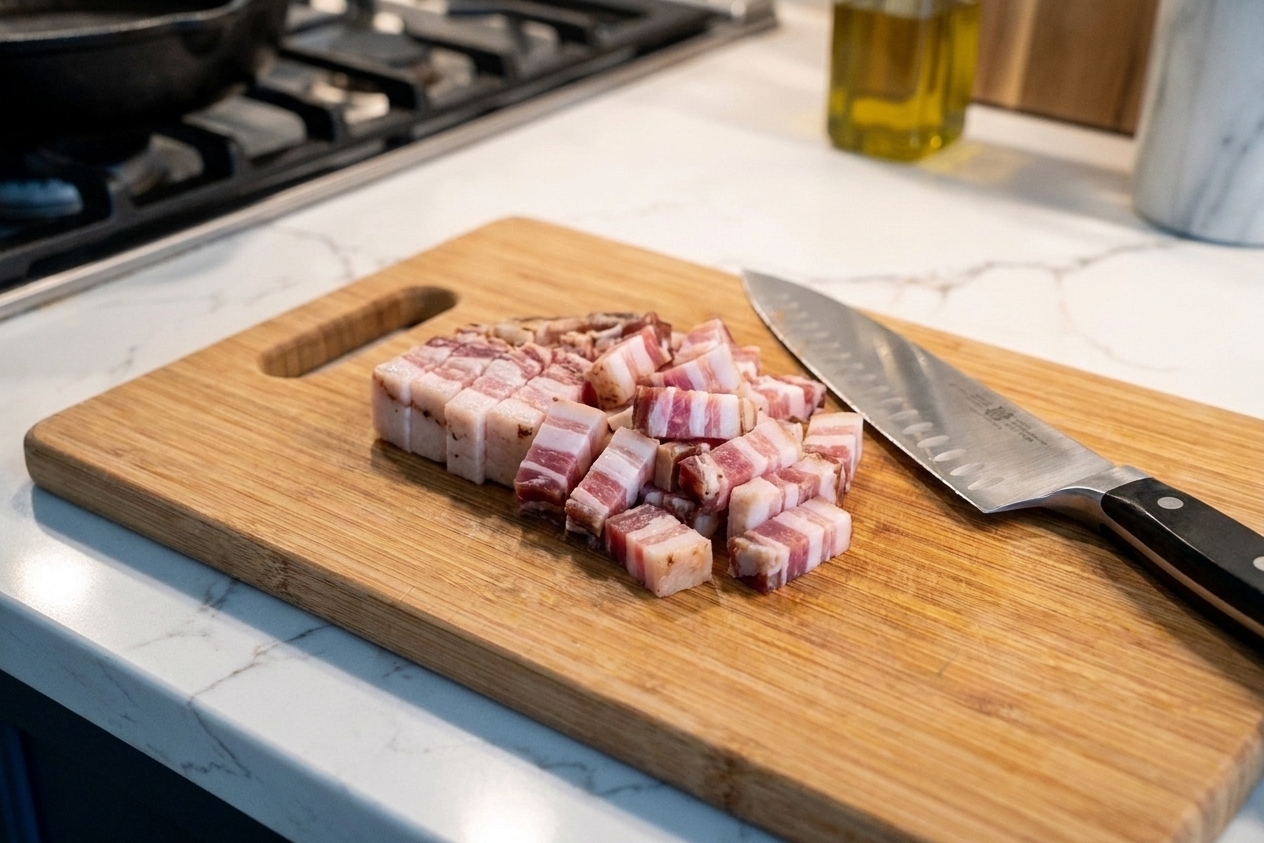 Cubed guanciale cut into small lardons on a wooden cutting board beside a chef’s knife on a kitchen counter