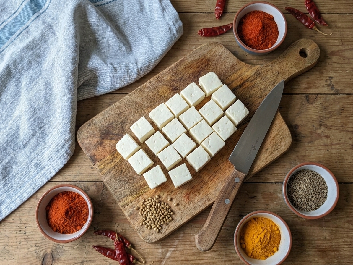 Cubed paneer on a wooden cutting board with a chef’s knife and small bowls of spices nearby