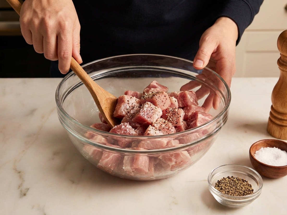 Cubed pork in a mixing bowl being tossed with salt and pepper on a kitchen counter under warm lighting