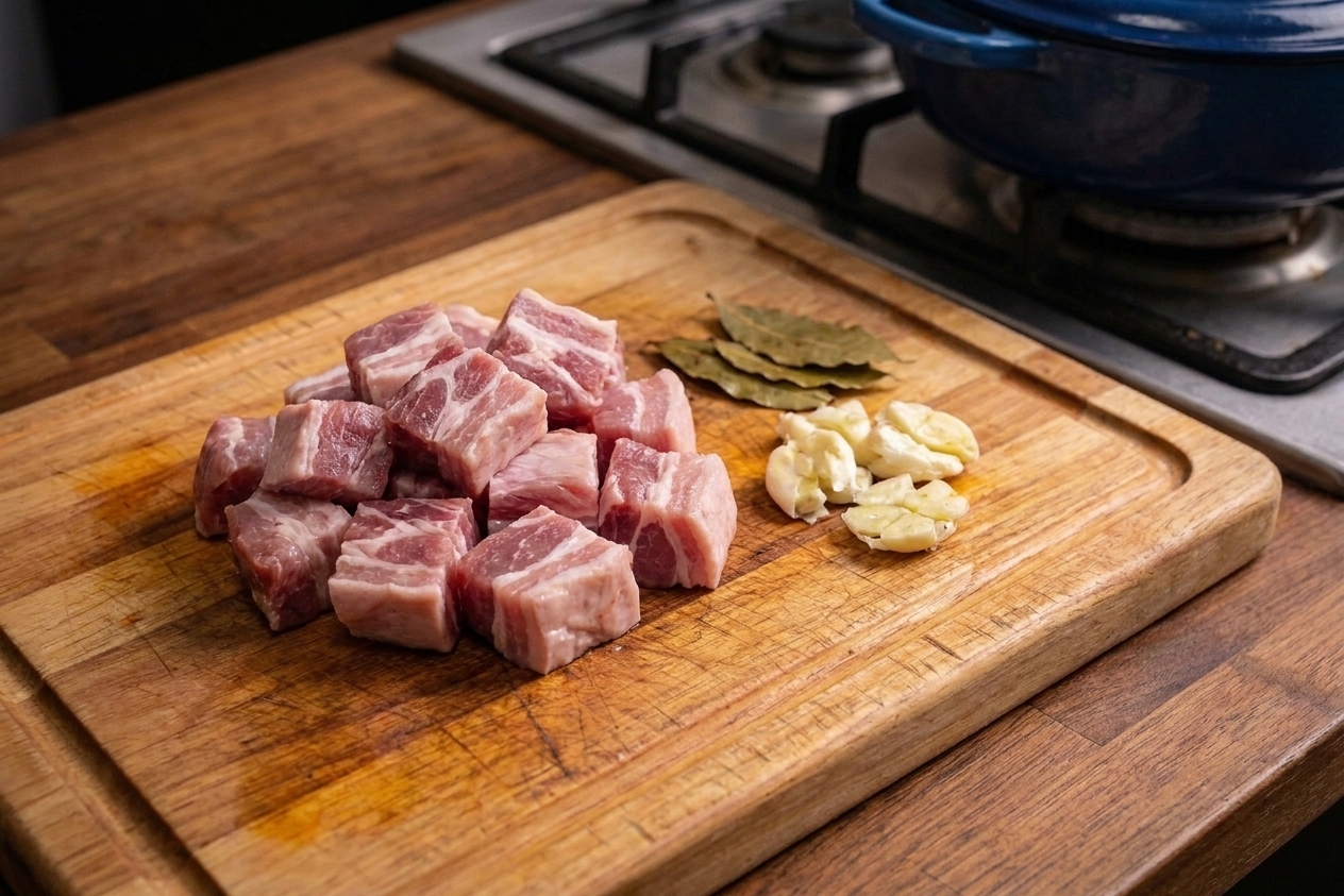 Cubed pork shoulder on a wooden cutting board next to smashed garlic cloves and bay leaves, ready for cooking