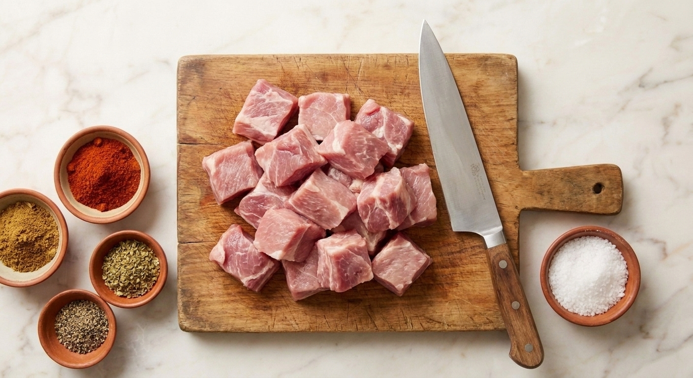 Cubed pork shoulder on a wooden cutting board with a chef's knife and small bowls of spices on a kitchen counter