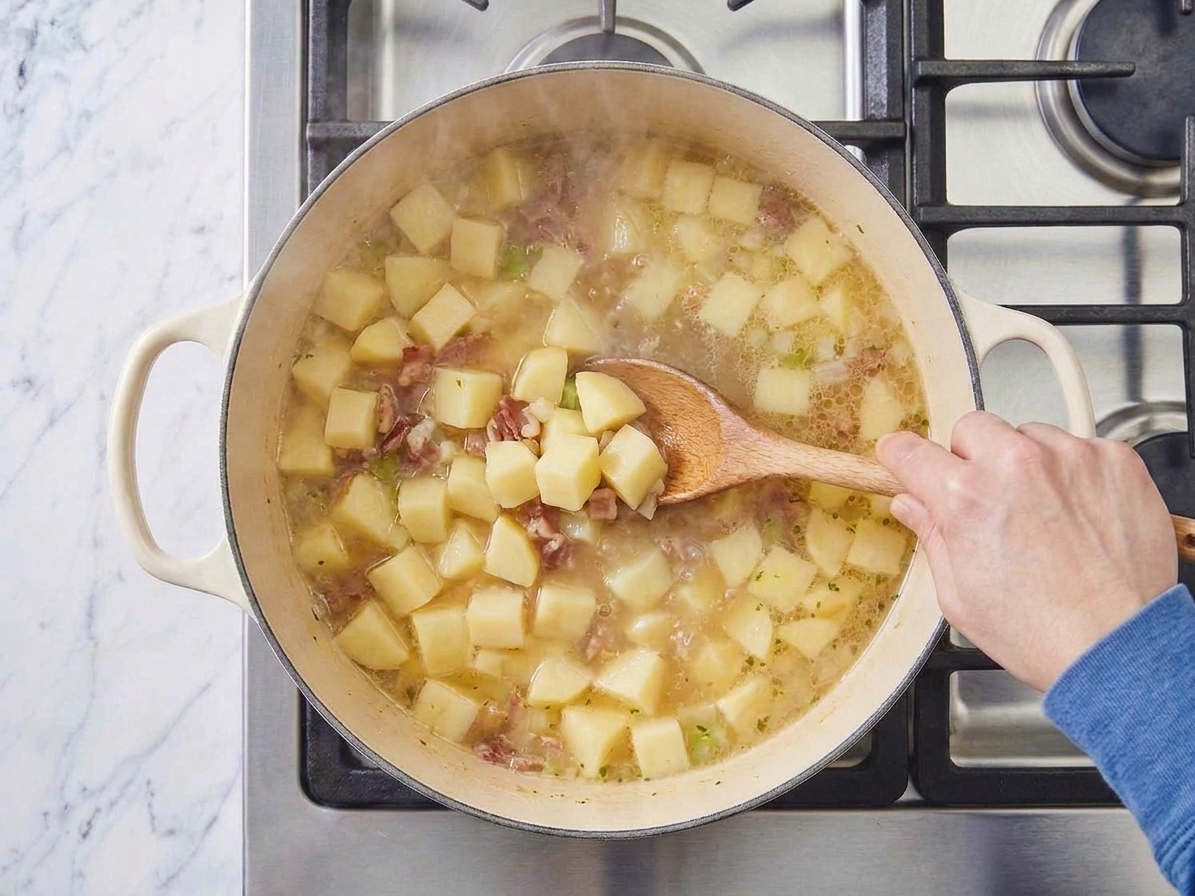 Cubed potatoes simmering in broth in a large pot on the stove