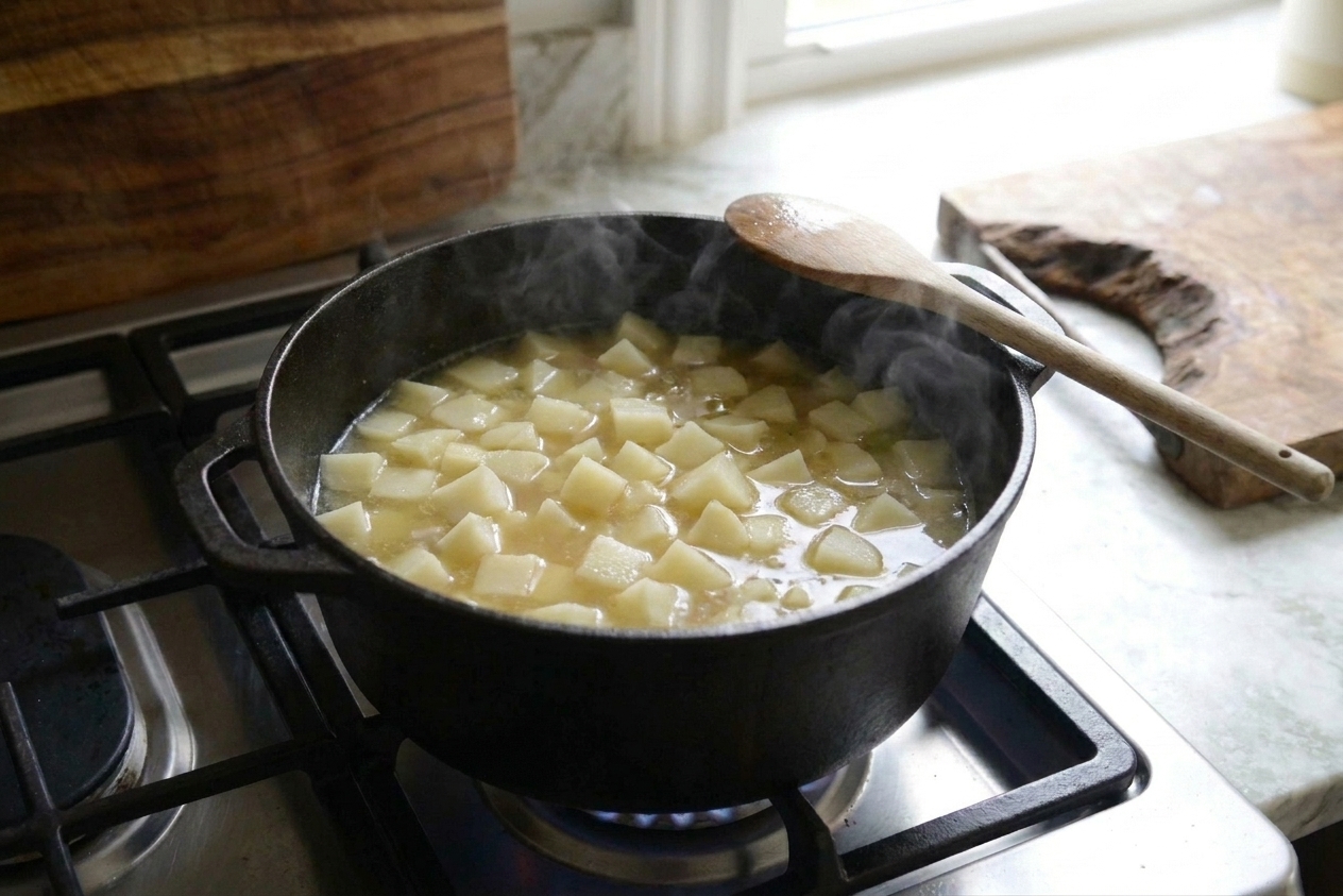 Cubed potatoes simmering in broth inside a soup pot