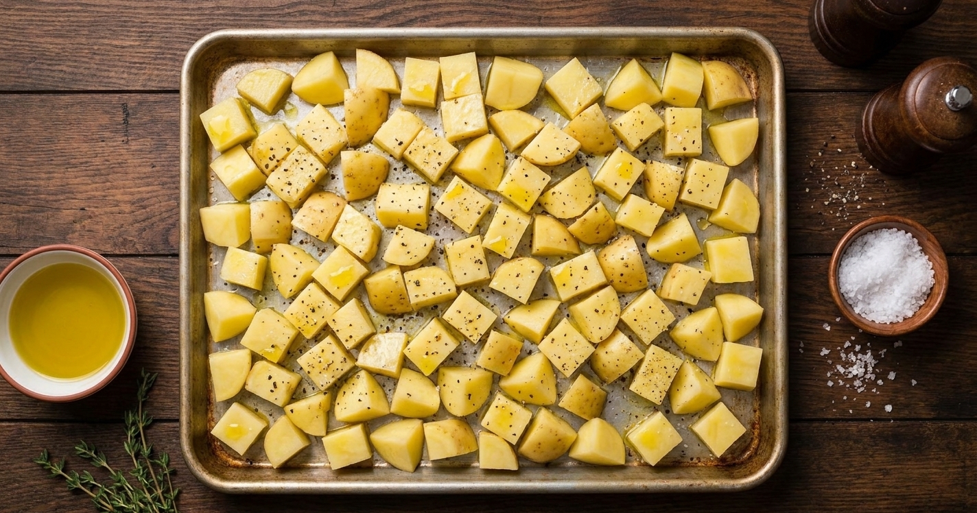 Cubed potatoes tossed with olive oil, salt, and pepper spread in a single layer on a rimmed baking sheet