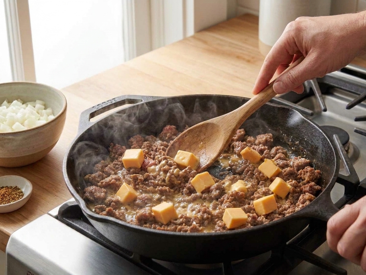Cubed processed cheese melting into browned meat in a skillet, stirred until glossy and creamy