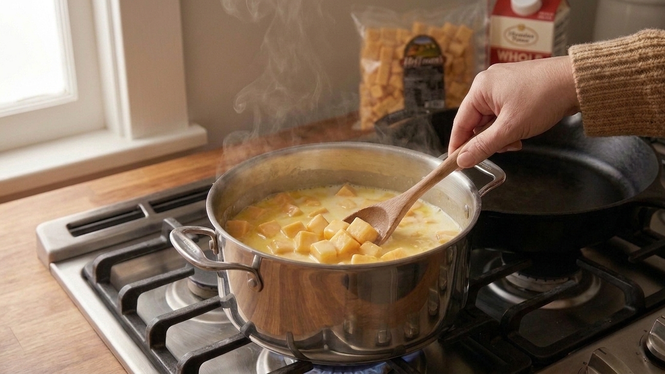 Cubed processed cheese melting into warm milk in a pot while a hand stirs with a wooden spoon
